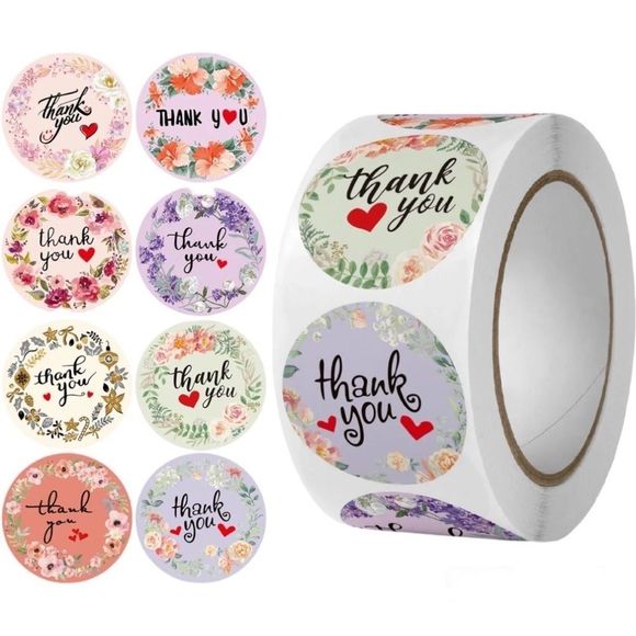 STICKERAFT Other - Round Frames Thank You Stickers Roll 8Floral Designs | Thank you sticker 1"
